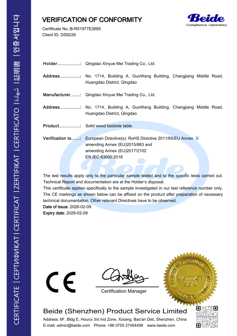 CE Compliance Certificate — solid oak bedside table