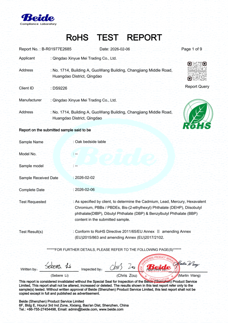 RoHS Certification Report — oak nightstand