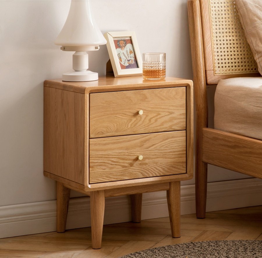 Oak 2-drawer nightstand — solid wood bedside table