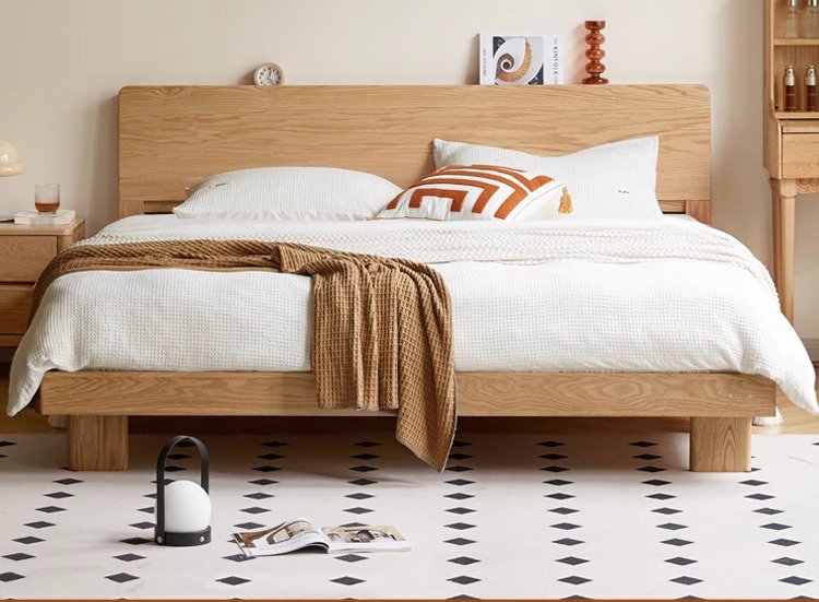 Solid oak platform bed frame — modern bedroom furniture