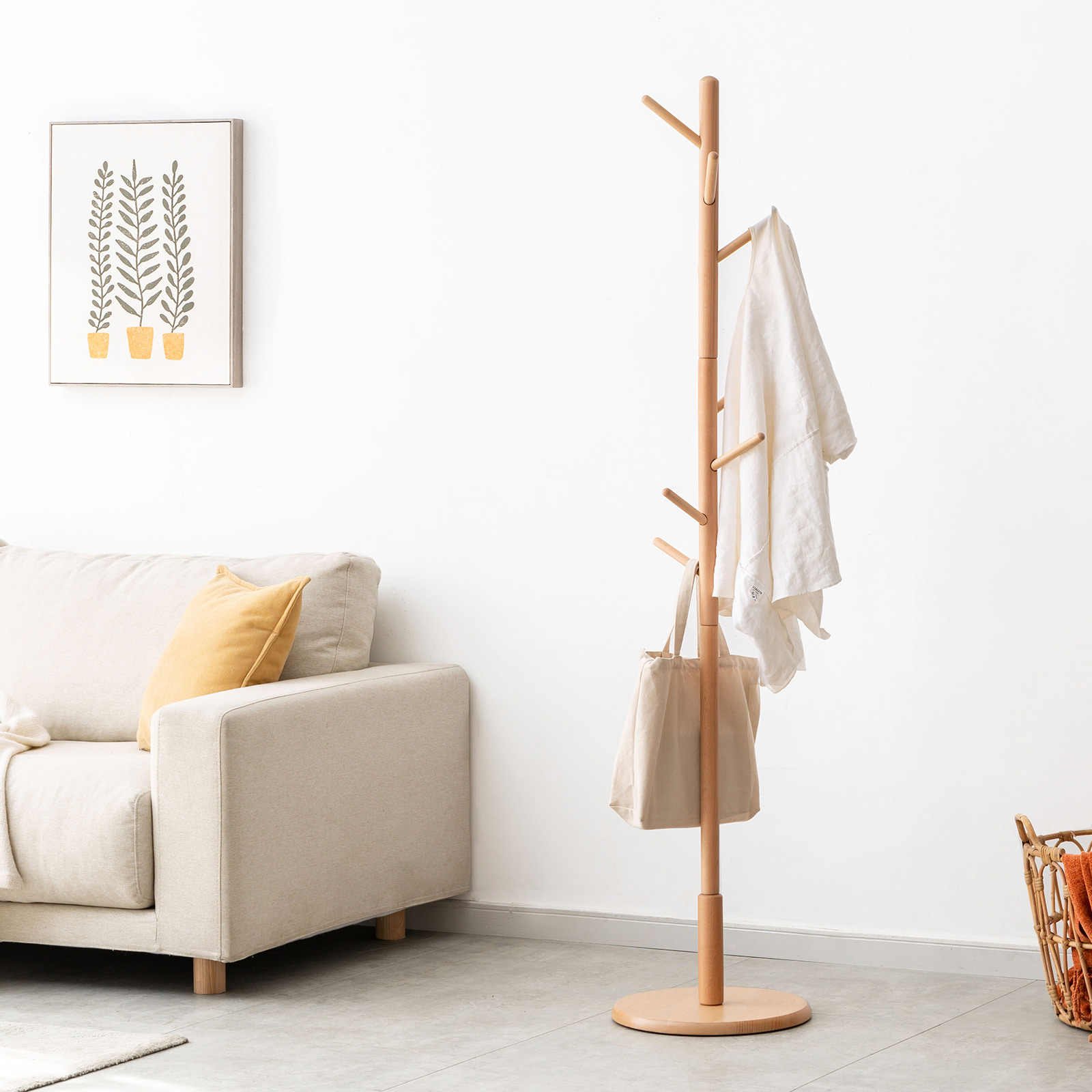 Solid wood standing coat rack — modern hall tree